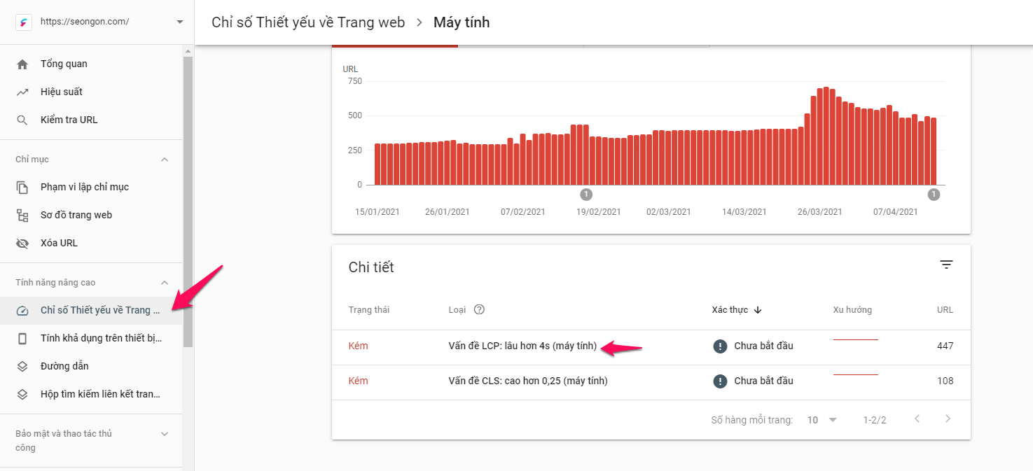 Check Core Web Vitals với Google Search Console