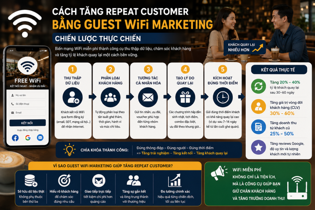 Cách tăng repeat customer bằng Guest WiFi Marketing: Chiến lược thực chiến